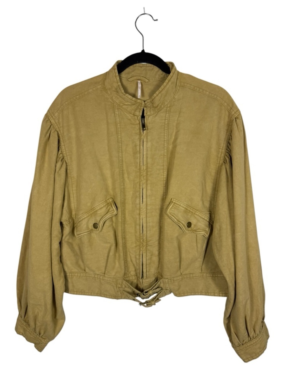 Free People Poet Puff Sleeve Bomber Jacket Tan Khaki Sz Small